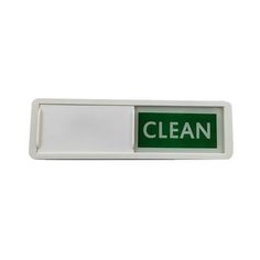 a green and white sign that says clean on it's side, against a white background