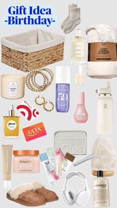 an assortment of personal care items including shoes, socks, and perfume bottles with the words gift idea - birthday on it