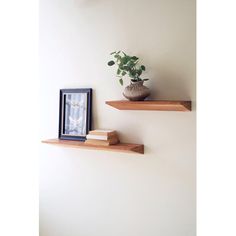 two wooden shelves with plants and pictures on them