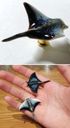 two pictures of different types of rings on someone's hand, one with a bird and the other with a fish