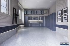 an empty garage with blue cabinets and white flooring is pictured in this rendering image