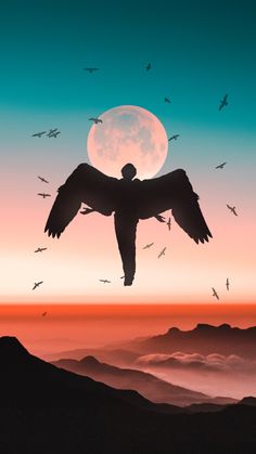 a large bird flying in front of a full moon at sunset with birds around it