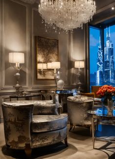 an elegant living room with chandelier, chairs and table in front of large windows