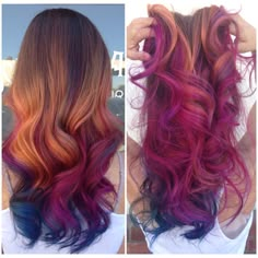 Copper And Rainbow Hair, Fall Rainbow Hair, Ginger And Purple Hair, Red Hair With Rainbow Highlights, Purple To Orange Ombre Hair, Red Purple Blue Ombre Hair, Purple Red Orange Ombre Hair, Underlights Hair