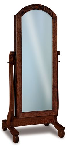 a wooden stand with a mirror on it