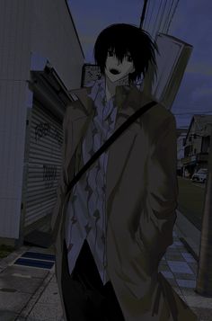 an anime character is walking down the street in front of a building with his hand on his hip