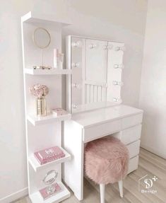 a white desk with a mirror, stool and shelf in the corner next to it