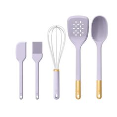 the kitchen utensils are lined up in different sizes and colors, with gold handles