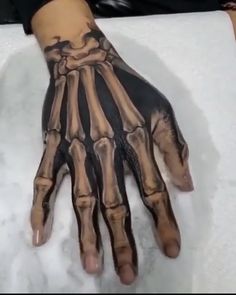 a person's hand covered in black and brown paint