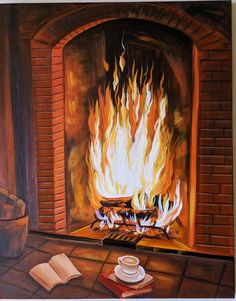 a painting of a fire burning in a fireplace with a book on the floor next to it