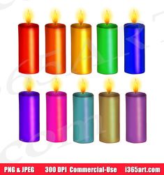 six different colored candles with one lit in the middle