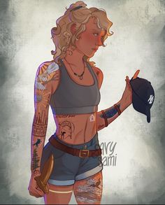 a drawing of a woman with tattoos holding a baseball cap in her right hand and pointing to the side