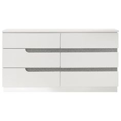 a white dresser with two drawers and grey trimmings on the bottom, in front of a white background