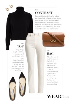 Black Point Flats Outfit, White And Black Work Outfits, Women’s Summer Clothes 2023, White Pants Black Turtleneck, Xl Work Outfits Women, Elegant White Jeans Outfit, Classic Style Winter 2023, Outfits To Wear To The Symphony, Minimalist Fashion Accessories