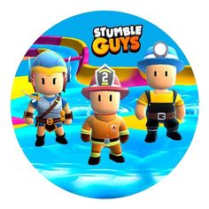 some cartoon characters are standing in front of a blue and yellow water slide with the words stumble guys on it