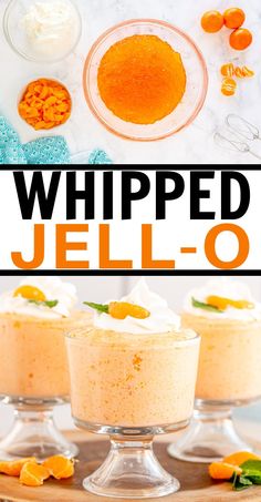 this is an image of whipped jell - o with oranges in the background