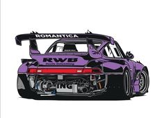 a purple race car with the number rwb on it's back end