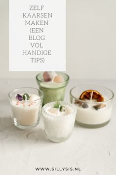 three small glasses filled with different types of desserts and drinks on top of a table