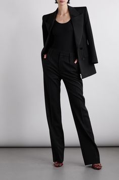 The power suiting that closed SAINT LAURENT's Fall '22 runway took its cues from '80s styles. These pants are expertly tailored from grain de poudre wool and have crepe trims down the straight legs. The creased details create an elongating effect. Wear yours with one of the label's sharp blazers. Tailored Suit Women, All Saints Clothing, Black Blazer Outfit, Ralph Lauren Collection, Leggings Design, Tweed Blazer, Pants Design, Straight Leg Trousers, Work Attire