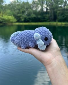 a hand holding a small stuffed animal in front of a body of water with trees in the background