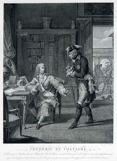 an engraving depicting two men in period clothing sitting at a table and talking to each other