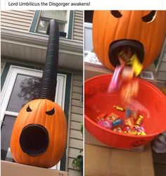 two pictures of pumpkins with candy in them and one has a blow - up