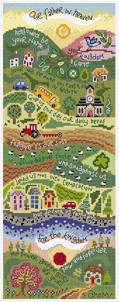 a cross stitch pattern with the words on it and houses, trees, and mountains