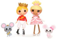 three dolls are standing next to each other in front of a white background, one is wearing a pink dress and the other has a gold crown on it's head