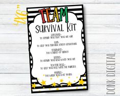 a printable team survival kit is shown on a wooden background with the words team and stars