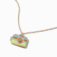 a necklace with a camera on it and a chain attached to the back of it