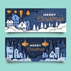 two christmas banners with houses and trees