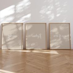 three framed pictures sitting on top of a hard wood floor