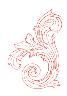 a drawing of an ornamental design with swirls and leaves in red ink on white paper