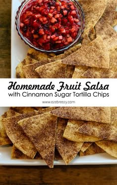 homemade fruit salsa with cinnamon sugar tortilla chips on a white platter and text overlay that reads homemade fruit salsa with cinnamon sugar tortilla chips