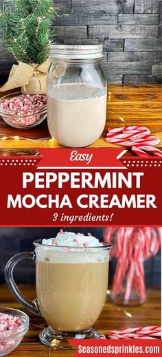 peppermint mocha creamer recipe in a glass mug with candy canes