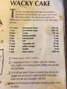 the recipe for wacky cake is written in english