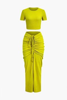 Textured Crop Top And Drawstring Ruched Skirt Set Ruched Skirt Outfit, Drawstring Ruched Skirt, Two Piece Outfits Skirt, Dope Fashion Outfits, Textured Crop, Ruched Midi Skirt, Stylish Crop Top, Stylish Women Fashion, Mini Cami Dress