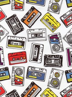 a bunch of old school tapes and cassettes on a white background with red, yellow, blue, and orange tape