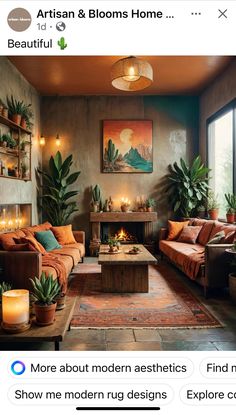 a living room filled with lots of furniture and plants on top of a wooden table