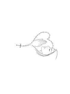 a black and white drawing of a woman's head with a rosary on her neck