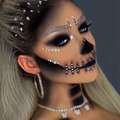 Skull Candy Halloween Makeup, Bling Halloween Makeup, Skeleton Makeup With Jewels, Halloween Queen Makeup, Womens Skull Makeup, Holloween Makeup Skeleton, Easy Special Effects Makeup Ideas, Glitter Skeleton Makeup, Holloween Makeup Glam