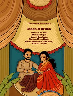 This is a digital wedding card that is a depiction of a reception ceremony of bengali hindu couple. The design is copied from joyeeta's art work.The bride is Christian and the groom is bengali hindu from kolkata. for customised wedding card - contact- +91 6000823270 Bengali Invitation Card Design, Bengali Wedding Couple Cartoon, Bengali Wedding Invitation Cards, Joyeeta Art, Bengali Wedding Card, Hindu Couple, Digital Wedding Card