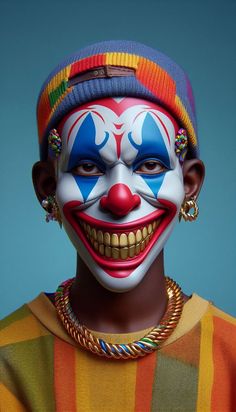 a man with painted face and colorful hair wearing a clown makeup make - up on his face