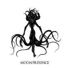 a black and white drawing of a woman with long hair on her head, the words moon presence