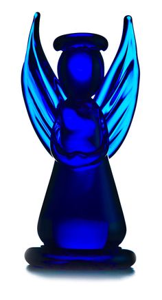 a blue glass angel figurine on a white background