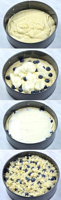 four pans filled with batter and blueberries on top of each other in different stages