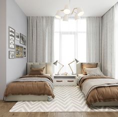 two beds in a bedroom with white and brown decor