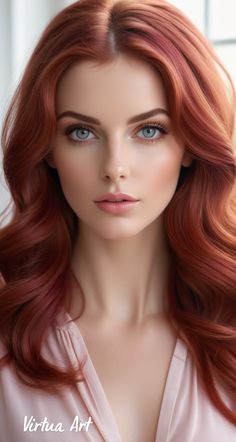 a woman with long red hair and blue eyes