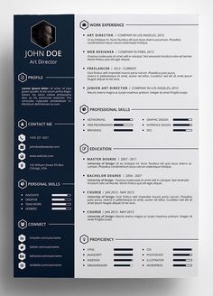 a professional resume template with blue and black colors on the front, side and back