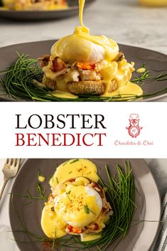 lobster benedict with eggs and hollandaise sauce served on a black plate topped with green chives